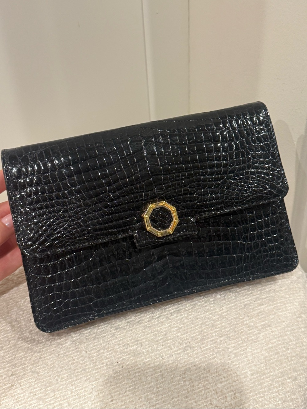 RARE VINTAGE DIOR Black Baby Croc-Embossed Leather Clutch with Gold Accent
